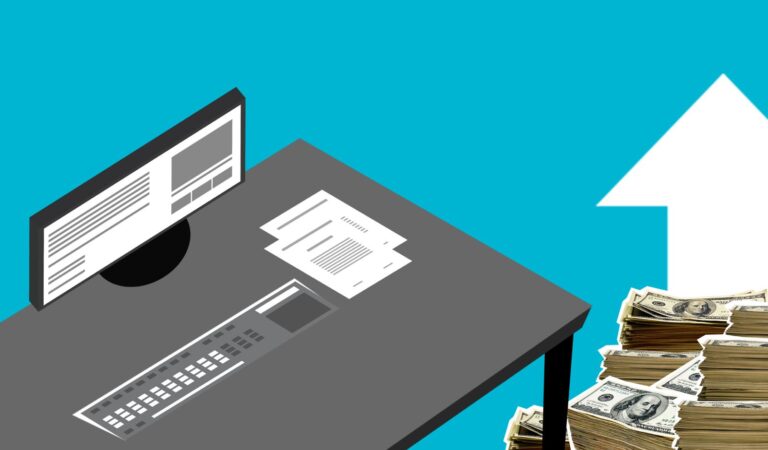 Illustration of rising income beside a computer