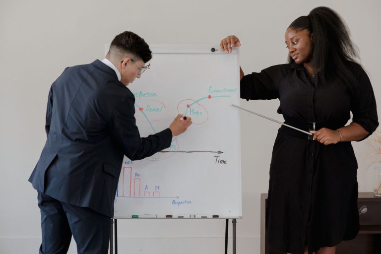 Two professionals presenting at a flip chart